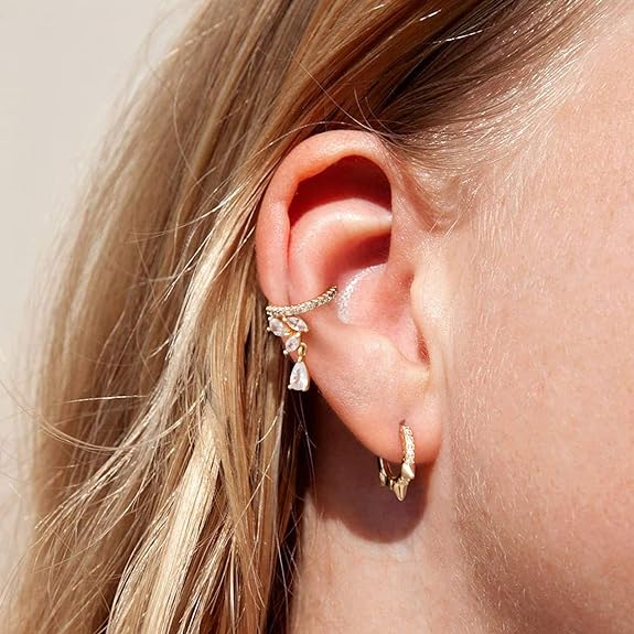 Dainty Hoop Ear Cuff 14K Gold Plated Cross Stripe Open Wrap Hoop Cubic Zirconia Huggie Clip-on Cartilage Earrings Stud for Women