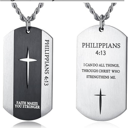REVEMCN Black Silver Stainless Steel Bible Verse Cross Dog Tag Pendant Necklace for Men, 24-28 Inches Chain
