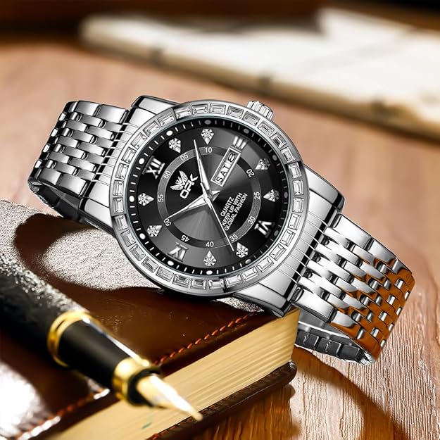 OPK Mens Watch Simple Fashion Diamonds Stainless Steel Analog Men Wrist Watch Diamond Large Dial Waterproof Date Casual Watch for Man