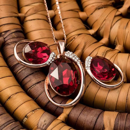 Leafael [Presented by Miss New York] Hidden Dragon Crystal Oval Double Circle Shape Teardrop Jewelry Set Earrings Pendant Necklace, 18" + 2", Nickel/Lead/Allergy Free, Luxury Gift Box