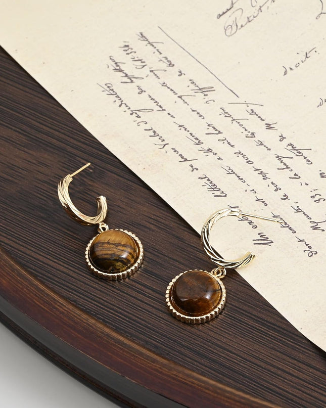 Tiger Eye Gemstone Earrings 14k Gold Plated Dangle Drop Earrings Gold Hoop Stud Earrings for Women Fashion Jewelry