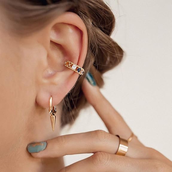 Dainty Hoop Ear Cuff 14K Gold Plated Cross Stripe Open Wrap Hoop Cubic Zirconia Huggie Clip-on Cartilage Earrings Stud for Women