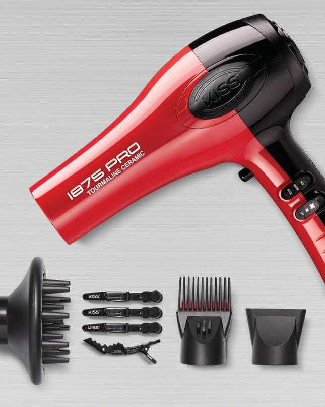 KISS 1875 Watt Pro Tourmaline Ceramic Hair Dryer, Styling Edition, 3 Heat Settings, 2 Speed Settings, Cool Shot Button, 7 Blow Dryer Accessories Included, 2-Year Warranty - Red