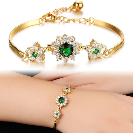 L & J 18k Gold Plated Sparkling Green Simulated Rhinestone CZ Flower Bangle Bracelet for Women, Jewelry Gift for Valentines Day, Mothers Day, Birthday, Anniversary, Christmas Gift for Her