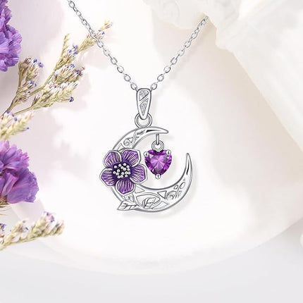 Shysnow Crescent Birth Flower Necklace for Women 925 Sterling Silver Moon Birthstone Pendant Necklace with Heart Zircon 12 Birth Months Floral Jewelry Birthday Gifts for Mother Grandmother