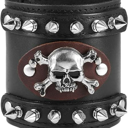 Men's Metal Rivet Skull Leather Bracelet Punk Rock Bike Style Wristband Adjustable