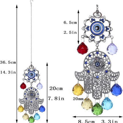 Hamsa Hand with Blue Evil Eye Protection Hanging Crystal Ornament with Chakra Energy Crystal Balls