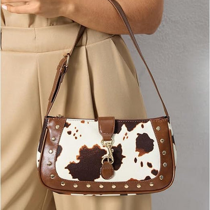 Y2k Western Cowgirl Shoulder Bag Rivet Animal Print Bag Zipper Faux Pu Leather Clutch Purse Vintage Handbag