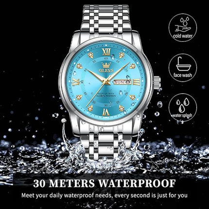 OLEVS Watch for Men Classic Business Dress Analog Quartz Stainless Steel Waterproof Luminous Date Diamond Men Silver Watch