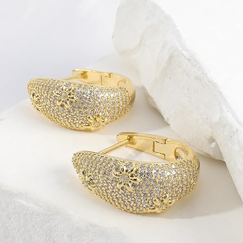 Gold Daisy Flower Chunky Hoop Earrings for Women 14k Gold Plated Thick Cubic Zirconia Crystal Flower Huggie Hoop Earrings Trendy Wide Flower Hoop Earrings Lightweight Bloom Jewelry Gift for Girls