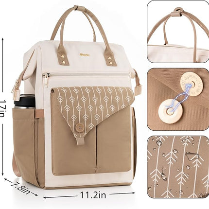 MOMUVO Laptop Backpack for Women with USB Port, Student Bookbag Water Resistant Backpacks Teacher Doctor Nurse Work Stylish Travel Bags, Fits 17-Inch Laptop Khaki Beige