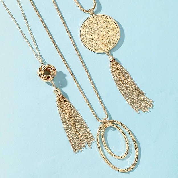 SEVENSTONE 3PCS Long Pendant Necklaces for Women Knot Disk Circle Tassel Statement Sweater Necklace Set