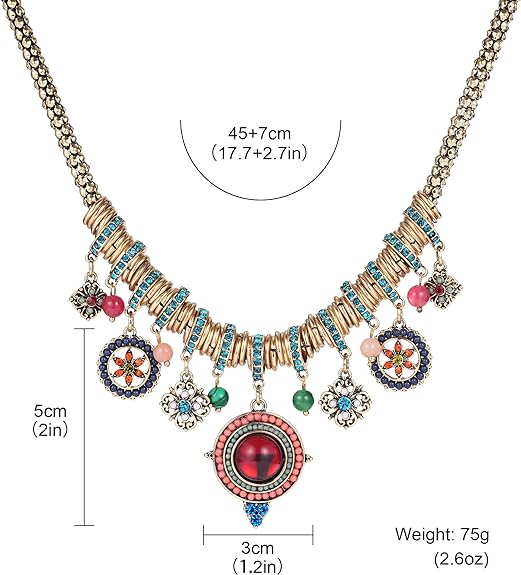 SUNLAND Bohemian Multicolor Round Pendants Enamel Rhinestone Ethnic Necklace for Women