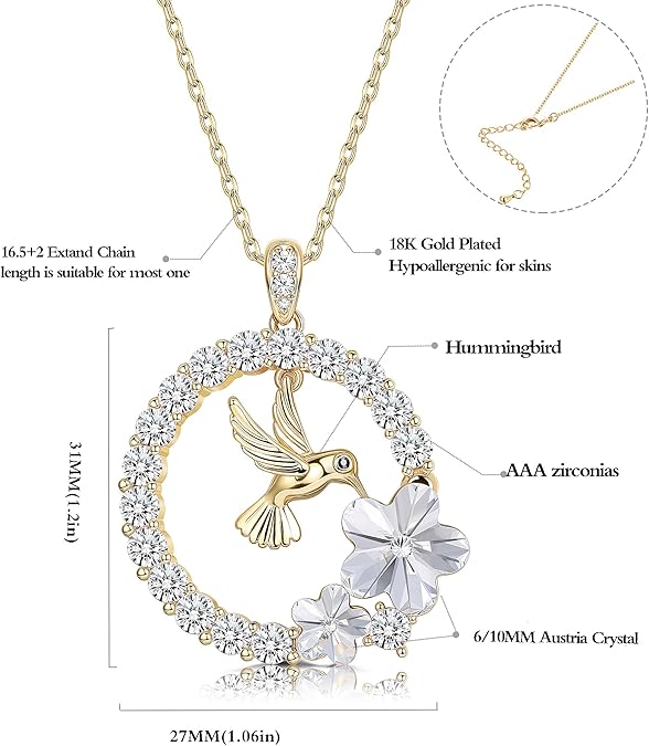 Sllaiss 18K Gold Plated Hummingbird Pendant Necklace for Women Circle Necklace, Animal Necklace Crystals from Austria,Jewelry Gifts for Christmas