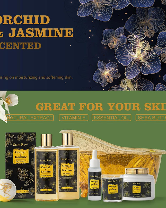 Spa Gift Basket, Orchid Jasmine Spa Basket bath and body gift basket with Shower Gel, Bath Bomb, Bath Salts, Jojoba Oil & Lip Balm, Birthday Holiday Home Spa Gifts for Women & Men Fathers Mother day