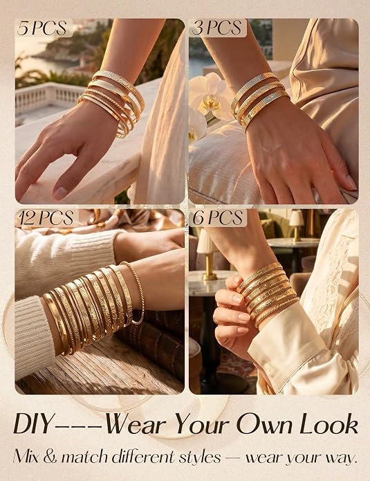 12Pcs Gold Bangle Bracelets for Women 14K Plated Adjustable Indian Boho Set