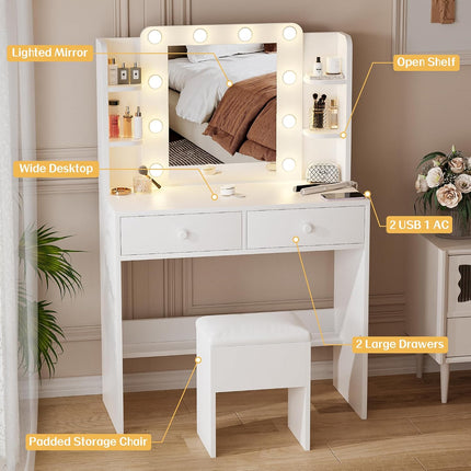 Haewon Makeup Vanity Desk with Lighted Mirror and Chair Set, White