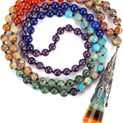 GEHECRST Natural 7 Chakra 108 Mala Prayer Beads Necklace with Reiki Healing Crystal Pointed Pendant 6mm Gemstones Beads Necklace Mens Womens Jewelry for Meditation, Protection