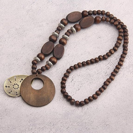 Bjesinmo Long Necklaces for Women Boho Wooded Pendant Vintage Necklace Sweater Chain Necklace Handmade Jewelry