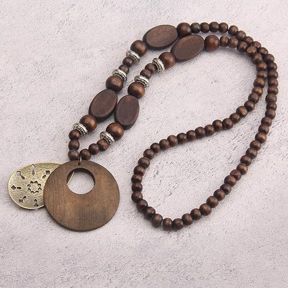 Bjesinmo Long Necklaces for Women Boho Wooded Pendant Vintage Necklace Sweater Chain Necklace Handmade Jewelry