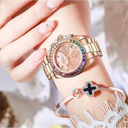 Women Colorful Diamond Watches Chronograph Rotatable Bezel Mineral Glass Luminous Watch Stainless Steel Waterproof Date Analog Quartz Watch Fashion Business Dress Wristwatch