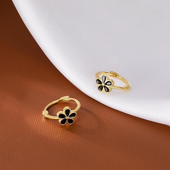 Reffeer Solid 925 Sterling Silver Daisy Flower Hoop Earrings Huggie for Women Black Flower Hoop Earrings Cartilage Helix Earrings
