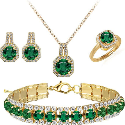 4pcs Cubic Zirconia Wedding Jewelry Sets for Bride Bridesmaid Cubic Zirconia Pendant Necklace Earrings Link Tennis Bracelet Open Ring Set for Women