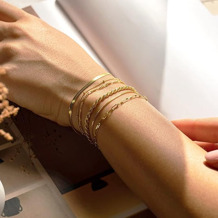 DEARMAY Gold Bracelets for Women Waterproof, 14K Real Gold Jewelry Sets Trendy Thin Dainty Stackable Cuban Link Paperclip Chain Bracelet Pack Fashion Accessories Gifts for Womens