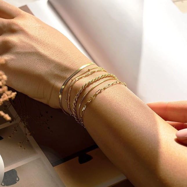 DEARMAY Gold Bracelets for Women Waterproof, 14K Real Gold Jewelry Sets Trendy Thin Dainty Stackable Cuban Link Paperclip Chain Bracelet Pack Fashion Accessories Gifts for Womens