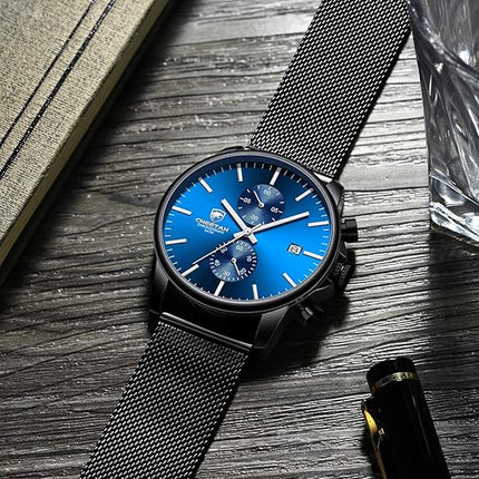 GOLDEN HOUR Mens Watch Fashion Sleek Minimalist Quartz Analog Mesh Stainless Steel Waterproof Chronograph Watches for Men with Auto Date