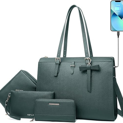 Keyli 4pc Sets Laptop Bag for Women Large Leather Laptop Briefcase with USB Charging Port Computer Shoulder tote Bags Purse