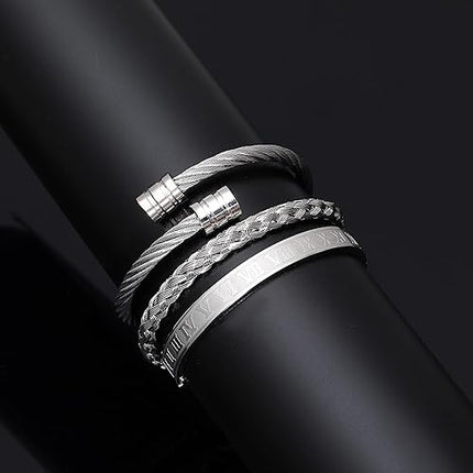 3PCS Stainless Steel Bracelets for Men Gold Roman Numeral Bangle Bracelet
