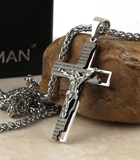 HZMAN Men's Stainless Steel Cross Crucifix Bible Prayer Pendant Necklace 22+2" Chain