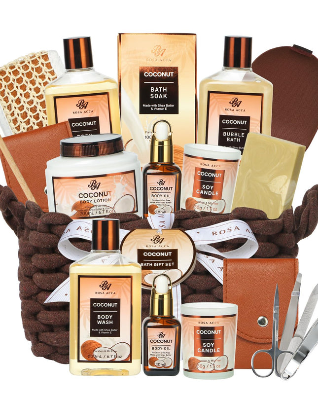 Fathers Day Spa Gift Set, 12pcs Spa Basket Set Coconut & Almond Scented includes Body Wash, Bubble Bath, Bath Soak, Manicure Set, Gifts for Mom, Birthday Gifts for women, Gift for Her Home Spa Kit