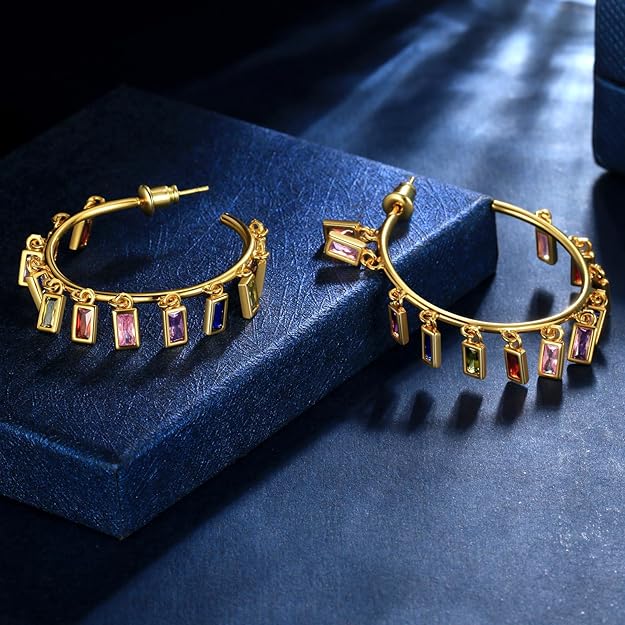 beautlace Colored Zircon Geometric Drip tassel Stud Earrings 18K Gold Plated Round Hoop with Colorful Zirconia Jewelry for Women