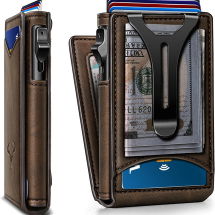 BULLIANT Men Slim Magnetic Leather Wallet Metal Case Money Clip 9 Cards