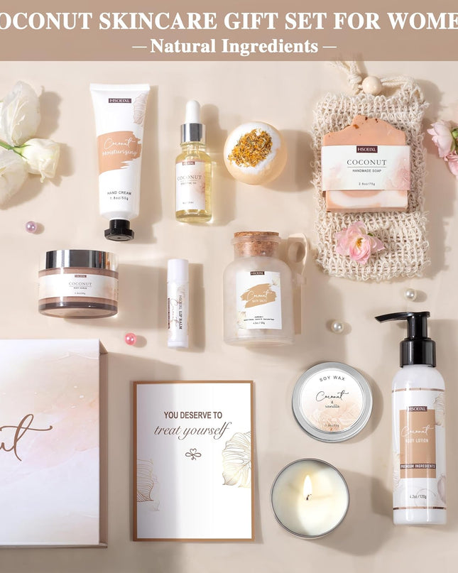 12 PCS Coconut Spa Gifts Set for Women Gift Basket for Women Spa Bath Gift