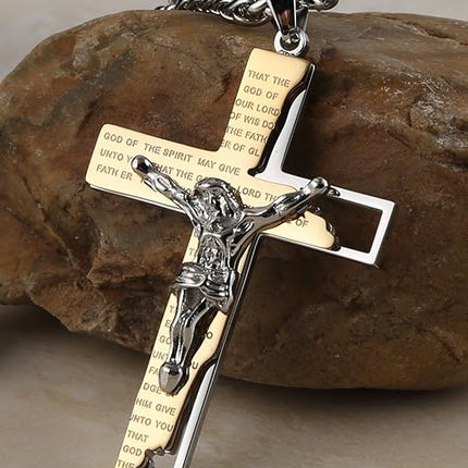 HZMAN Men's Stainless Steel Cross Crucifix Bible Prayer Pendant Necklace 22+2" Chain