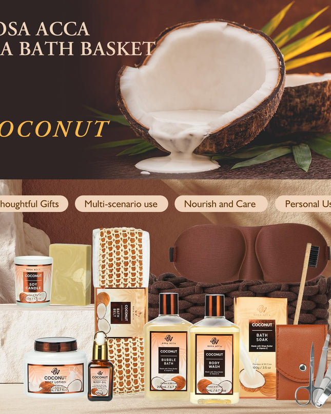 Fathers Day Spa Gift Set, 12pcs Spa Basket Set Coconut & Almond Scented includes Body Wash, Bubble Bath, Bath Soak, Manicure Set, Gifts for Mom, Birthday Gifts for women, Gift for Her Home Spa Kit