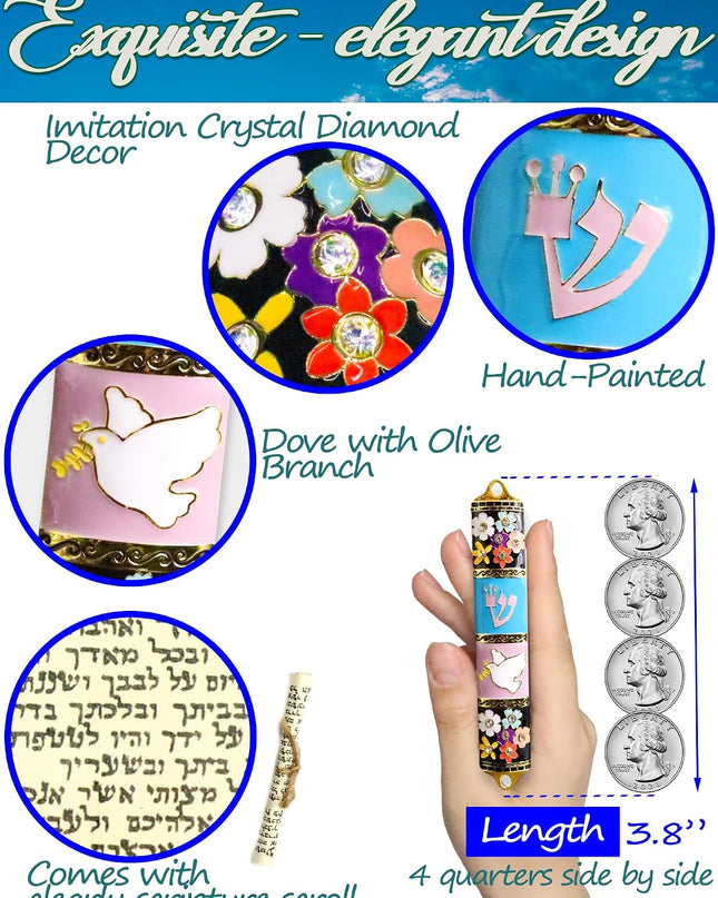 Exquisite Enamel Design Mezuzah with Scroll, Easy Install Use Double-Sided Tape, Dove with an Olive Branch Theme Mezuzah for Door with Crystal Diamond Accent for Any Jewish Occasions, 3.8”