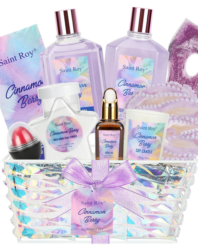 Christmas Spa Gift Set Basket for Women Cinnamon Berry, Gift Baskets for Women, Spa Gifts for Women Teen Girls Bath and Body Gift Sets, Birthday Bath Set Relaxation Self Care Spa Kit