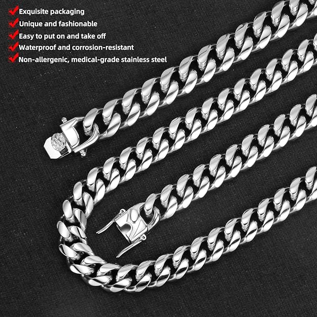 CaptainSteeL Miami Cuban Link Chain Necklace for Men ,316L Stainless Steel/Gold Plated 12MM Width 22" Length, Thick Chain for men Hip Hop Jewelry with Gift Box