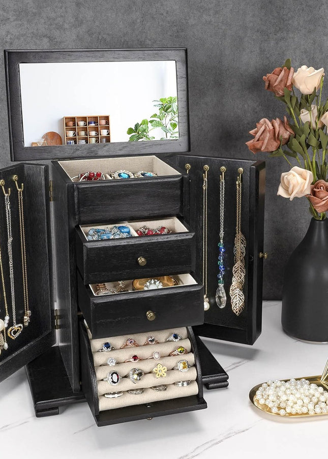 Emfogo Jewelry Box for Women, Rustic Wooden Jewelry Boxes & Organizers with Mirror, 4 Layer Jewelry Organizer Box Display for Rings Earrings Necklaces Bracelets (Black)
