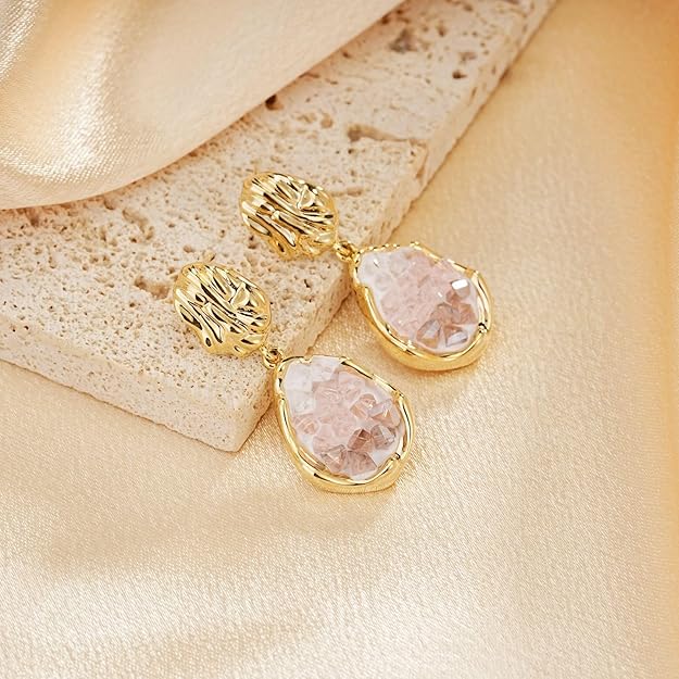 SIXFOX 14K Gold Plated Gold Statement Earrings for Women Trendy Geometric Teardrop Drop Dangle Earrings with Crystal 925 Sterling Silver Posts Chunky Stud Earrings Fashion Jewelry Gift