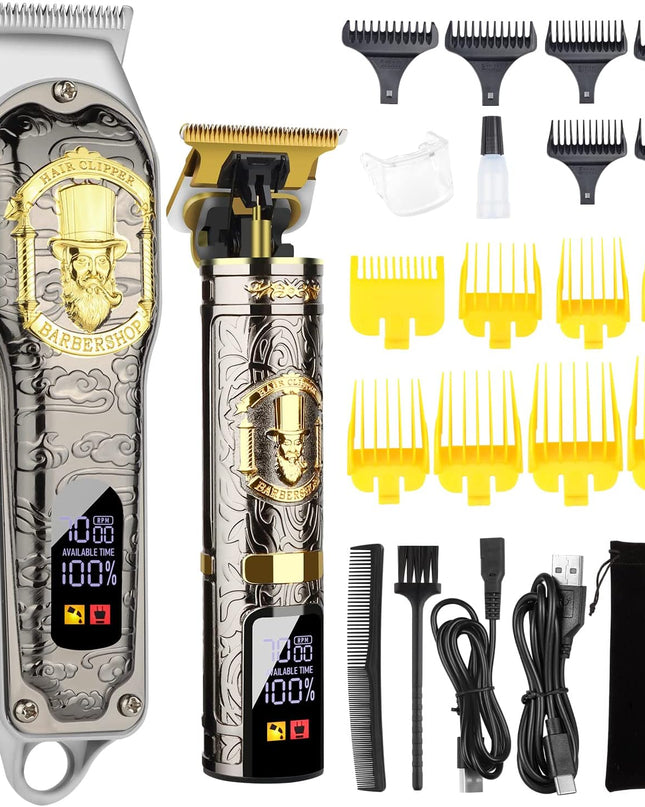 HIENA PRO Hair Clippers for Men T-Blade Trimmer Set, Men Professional Cordless Rechargeable Barber Hair Clippers Set with LED Display (Black-LCD)