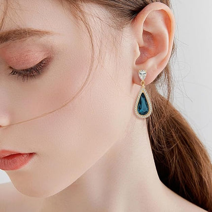 Austrian Crystal Halo Teardrop Dangle Drop Earrings for Women 14K Gold Plated Jewelry Gifts