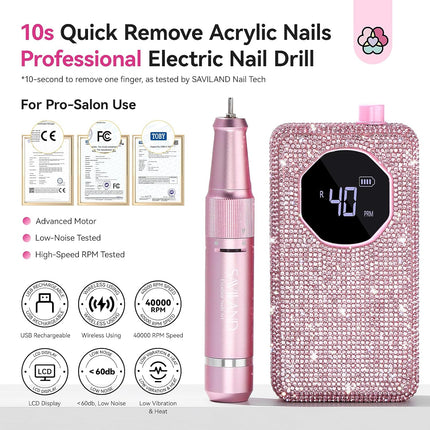SAVILAND Professional Nail Drill 40000 RPM: Portable Diamond Nail Drill Kit Rechargeable 4000 mAh Electric Nail File for Thick Acrylic Nails with Ceramic Nail D rill Bits Sanding Bands Nail Tech Salon