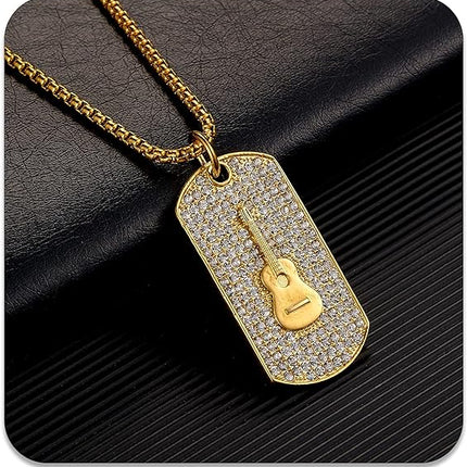 PEAS 18K Gold Plated Jewelry Music Guitar Dog Tag Pendant Iced Out Necklace