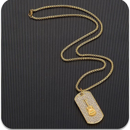 PEAS 18K Gold Plated Jewelry Music Guitar Dog Tag Pendant Iced Out Necklace