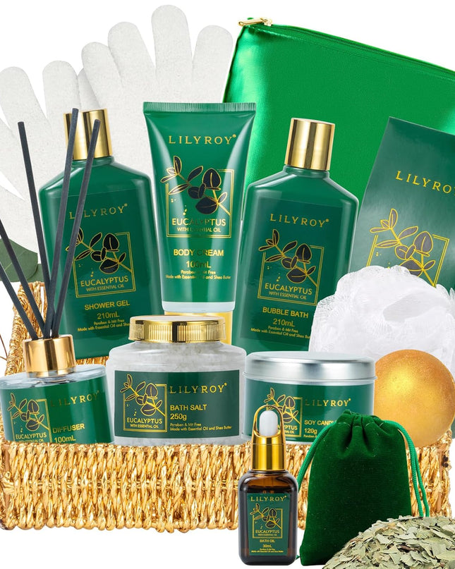 Eucalyptus Spa Bath Gift Baskets Set for Women and Men Bath and Body Gift Basket for Women Fathers Mothers Day Bath Spa Kit Set Perfume Self Skin Care Gift Set for Christmas Birthday
